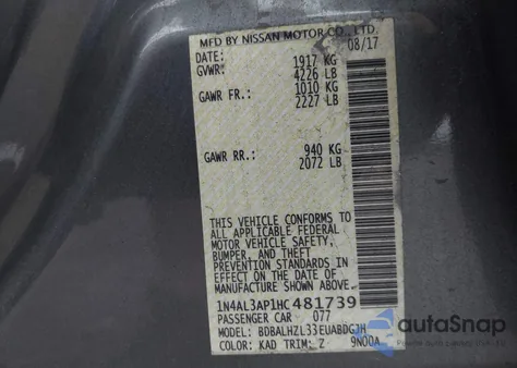 2017 Nissan Altima 2.5 Sr из США, поврежденный, VIN 1N4AL3AP1HC481739